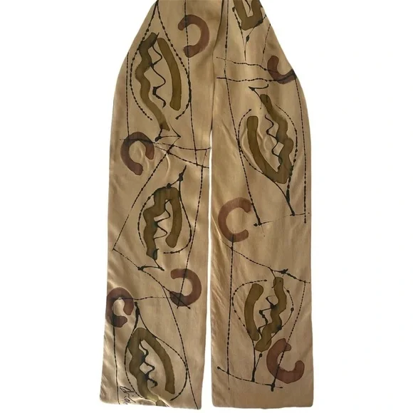 Vintage Hand Painted Silk Reversible Scarf Lagenlook Geometric Art to Wear Tan